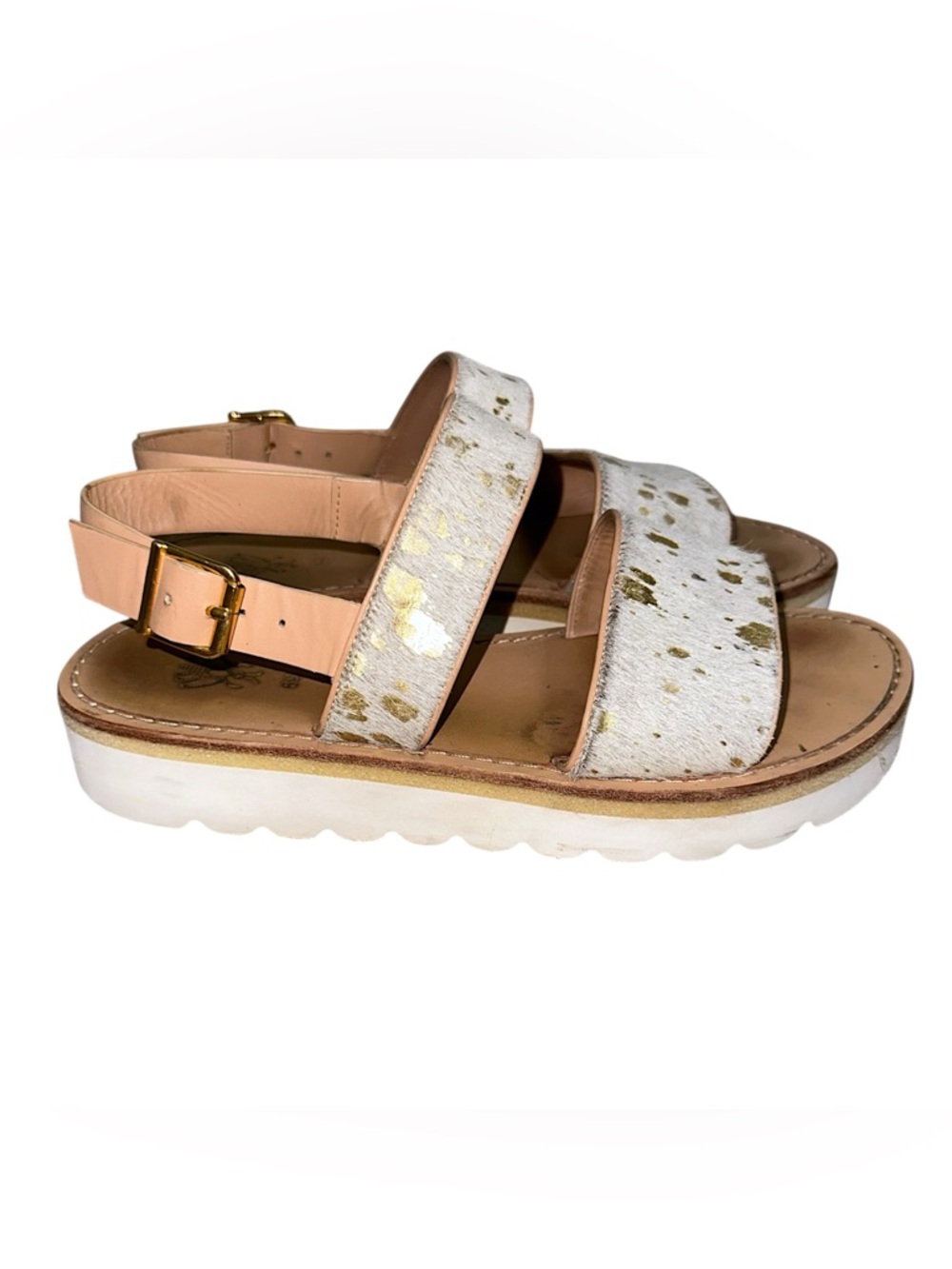 Women’s Sanchita cow hide White & Gold  Platform Sandals Sz 39 (8/8.5)